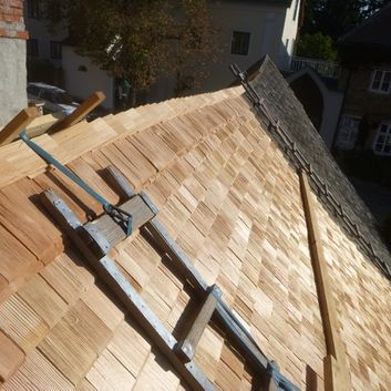 Denkmalgeschützes Haus 19., Dreimarksteingasse., Holzschindeldeckung Lärchenholz